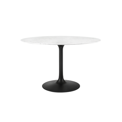Round table with white marble top and black base on a white background