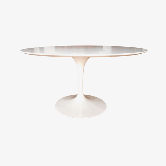 Modern white tulip dining table on a white background