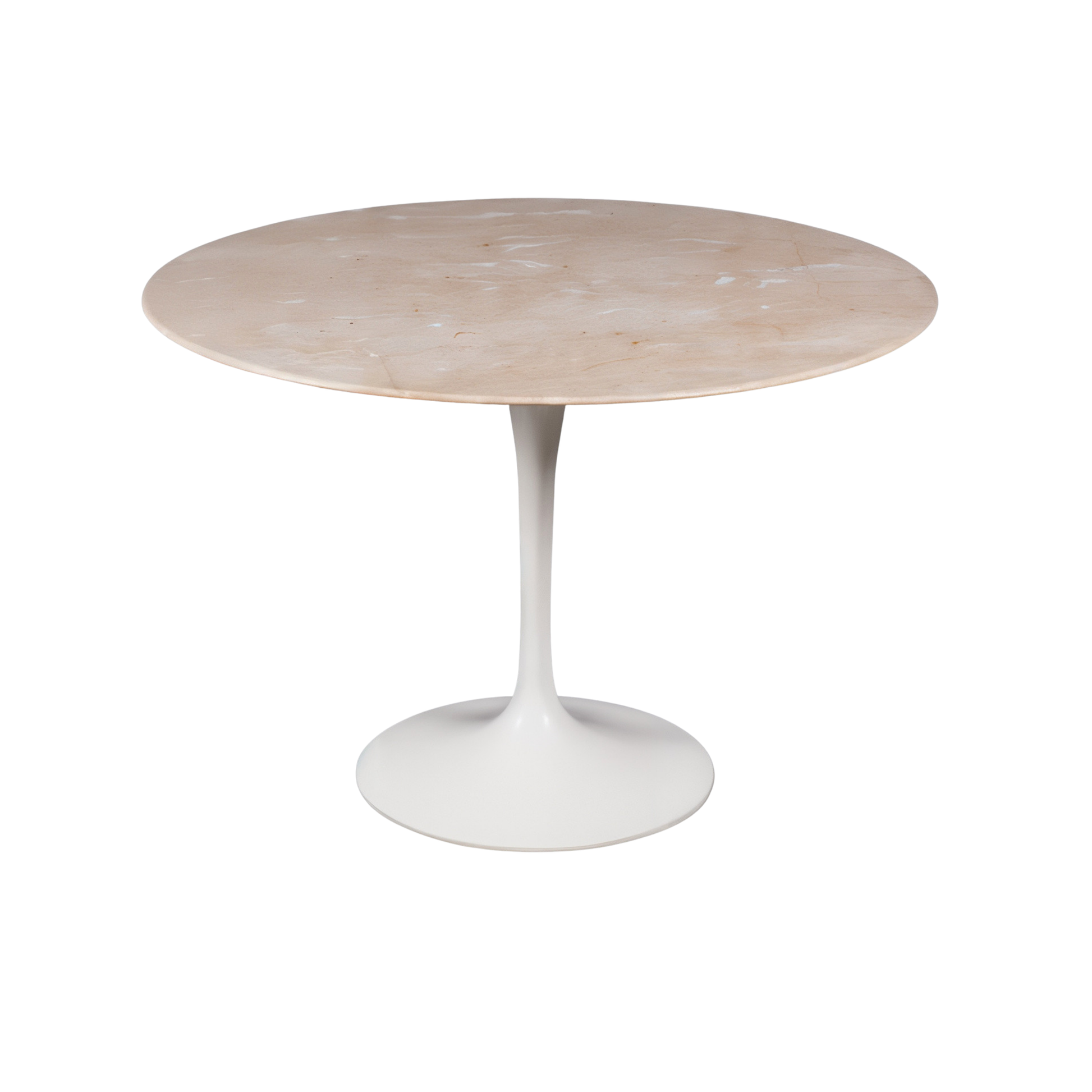 Round marble table with a white pedestal base on a white background