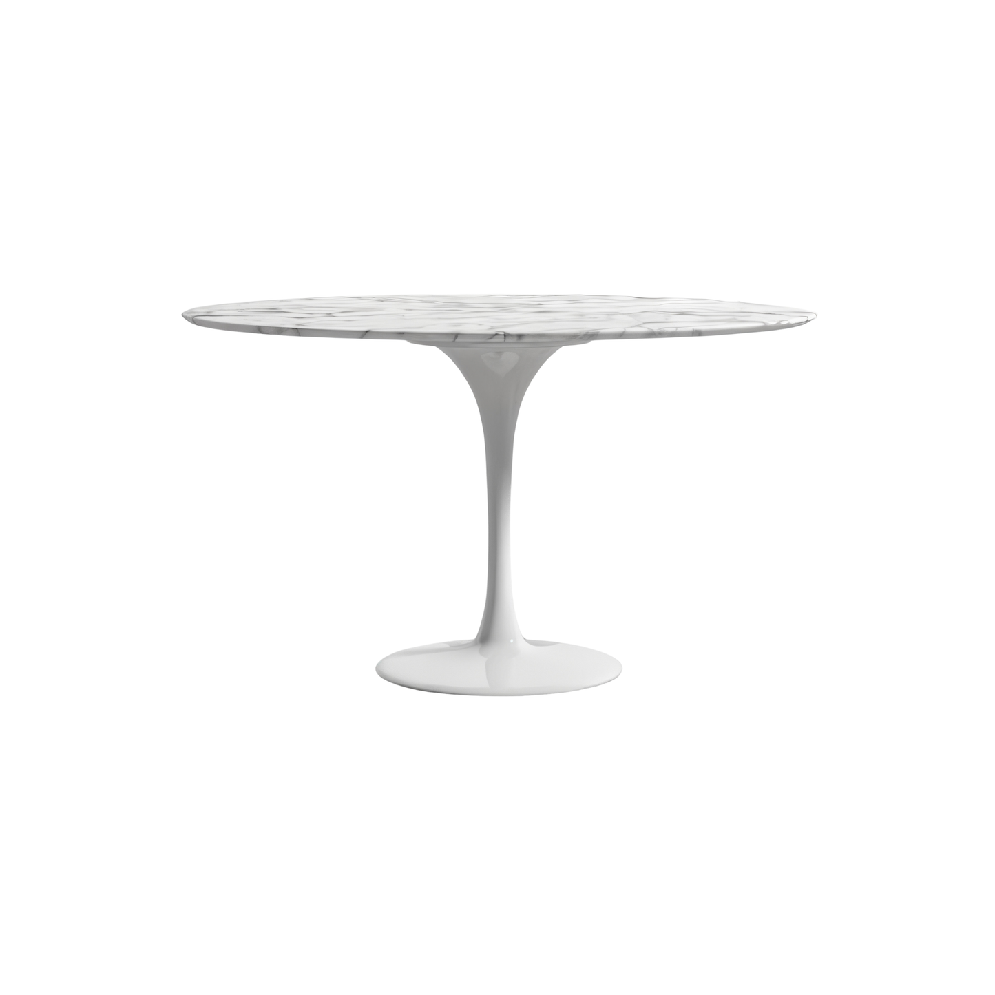 Round marble Tulip table with a white pedestal base on a white background