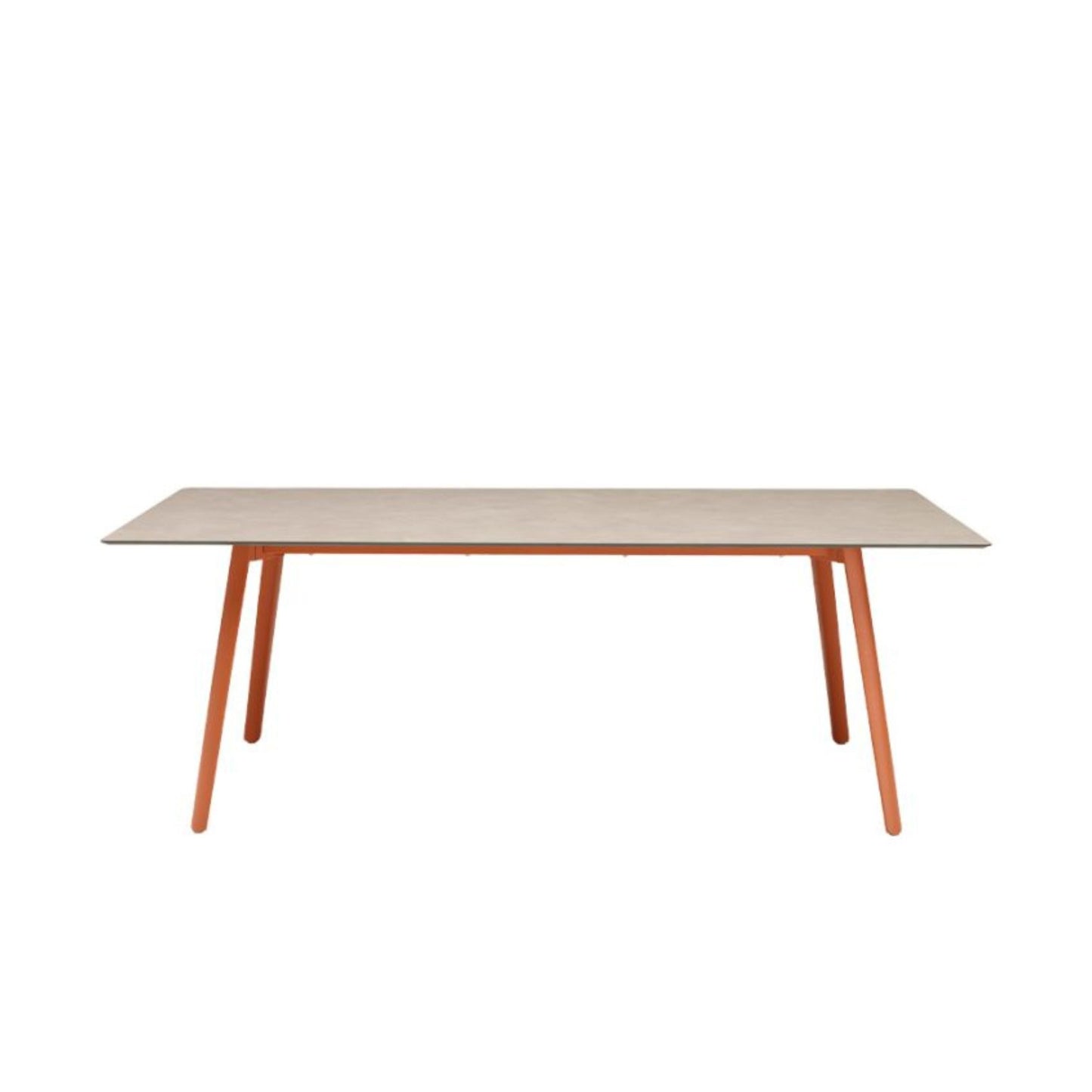 SCAB Squid extendable dining table in the closed position featuring a rectangular HPL tabletop with terracotta die-cast aluminium legs, designed for modern indoor and outdoor dining.