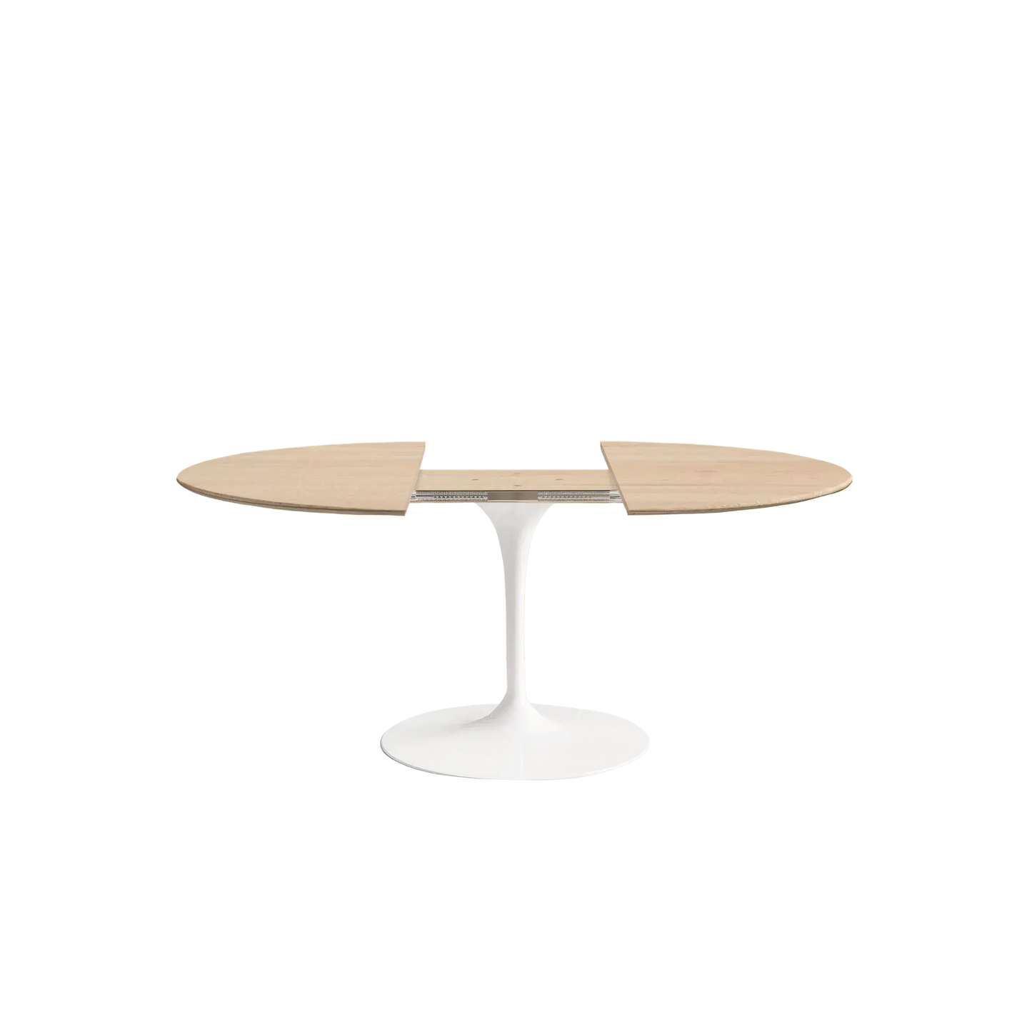 Modern dining table with a white base and wooden top on a white background