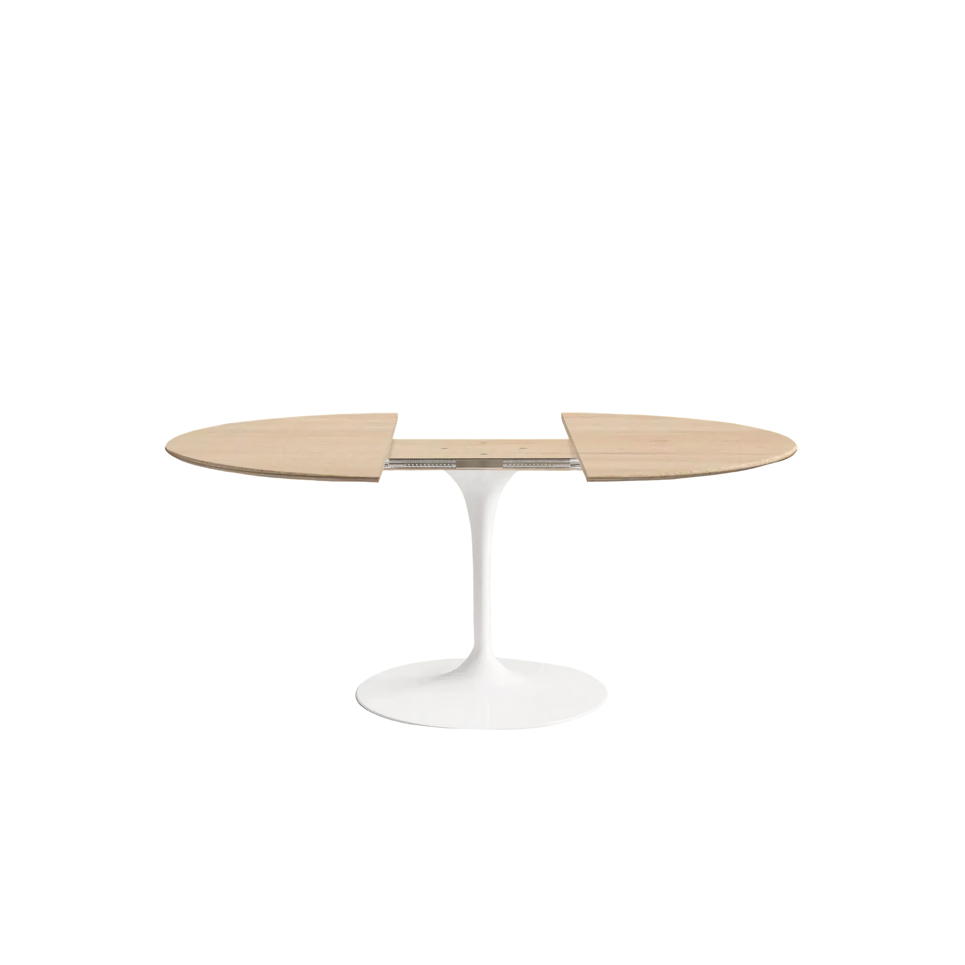 Modern dining table with a white base and wooden top on a white background