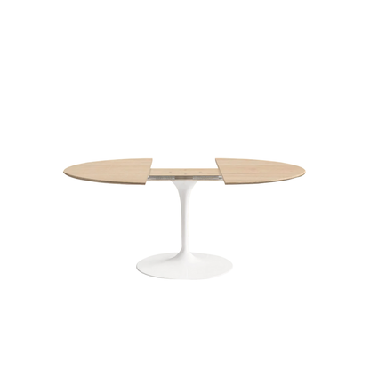 Modern dining table with a white base and wooden top on a white background