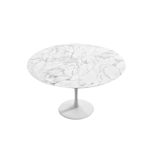 Round marble tulip table with a white base on a white background