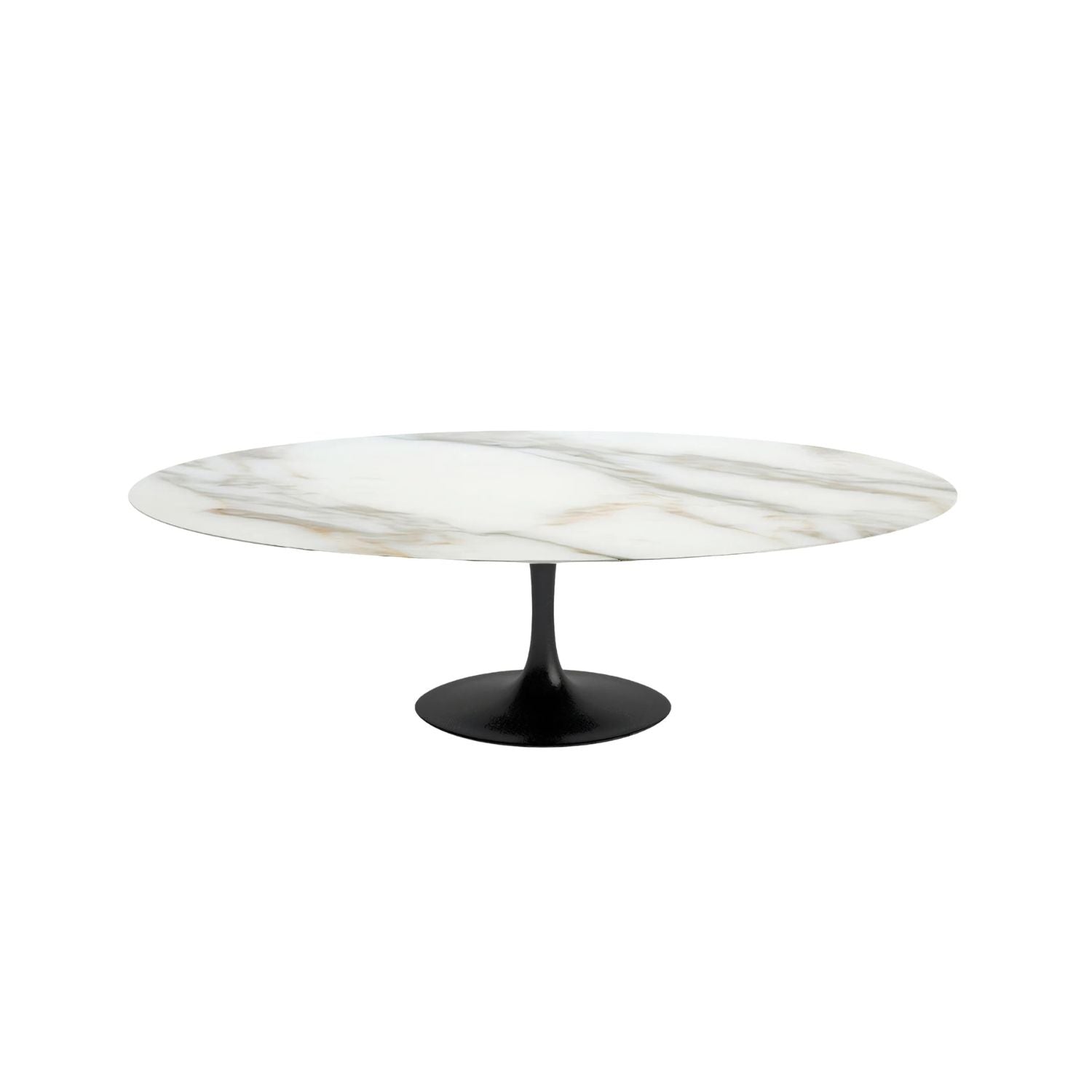 Round marble coffee table with a black base on a white background