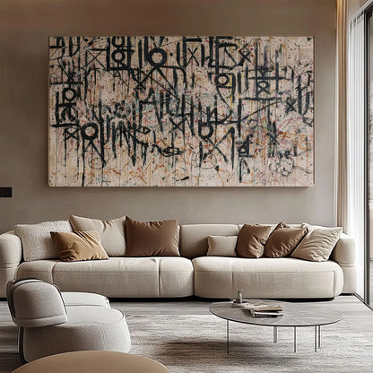 Large Black Calligraphy Wall Art on Beige Canvas