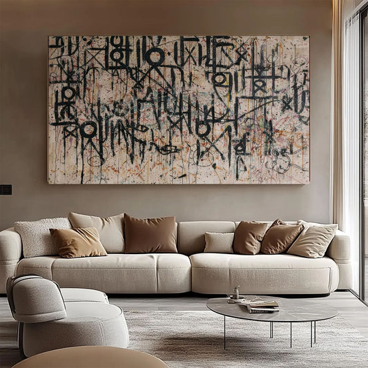 Large Black Calligraphy Wall Art on Beige Canvas
