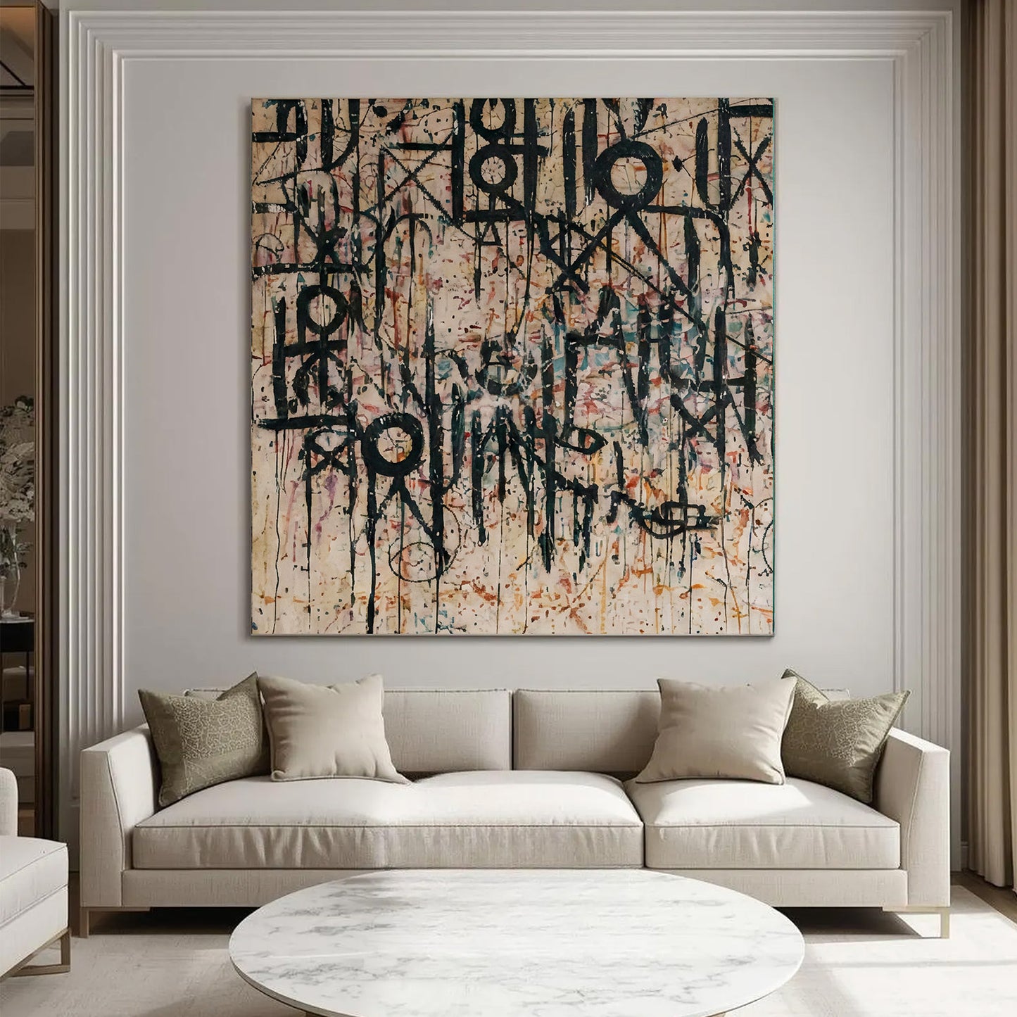 Large Black Calligraphy Wall Art on Beige Canvas