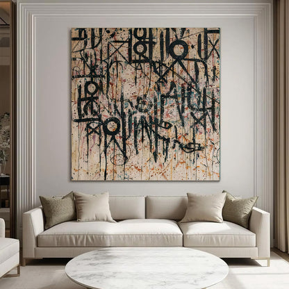 Large Black Calligraphy Wall Art on Beige Canvas