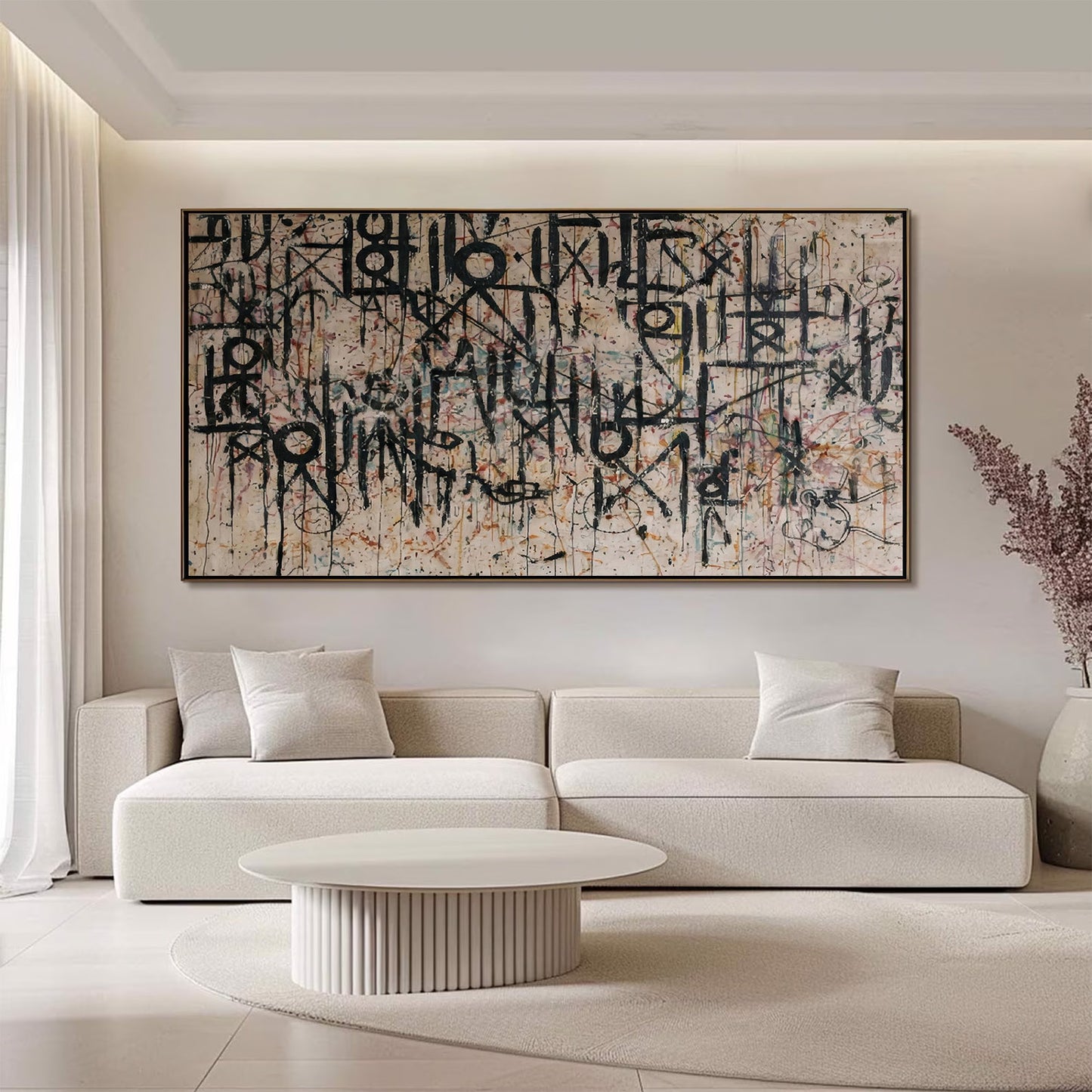 Large Black Calligraphy Wall Art on Beige Canvas