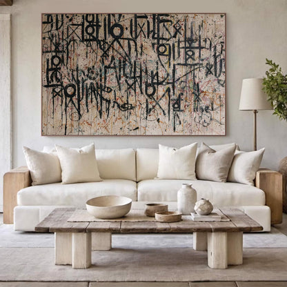 Large Black Calligraphy Wall Art on Beige Canvas