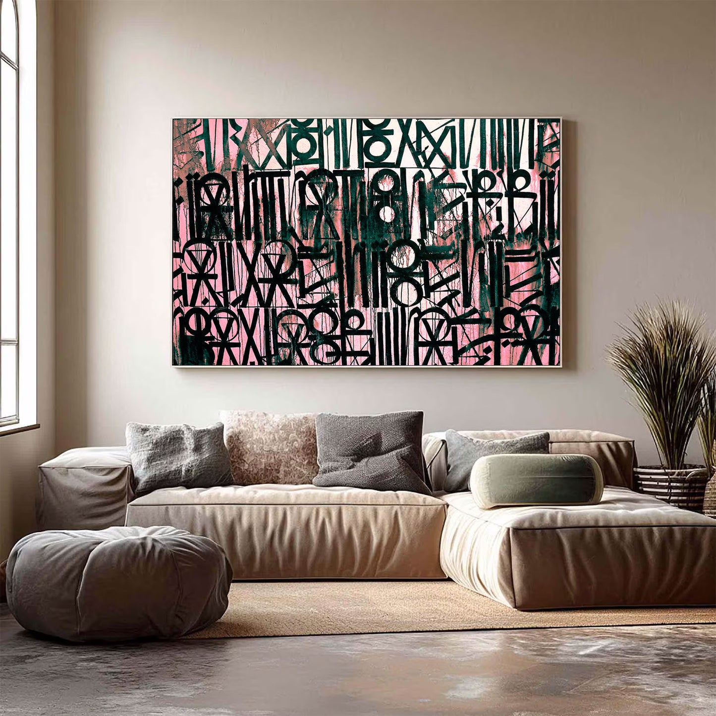 Abstract artwork on a wall above a sofa in a living room