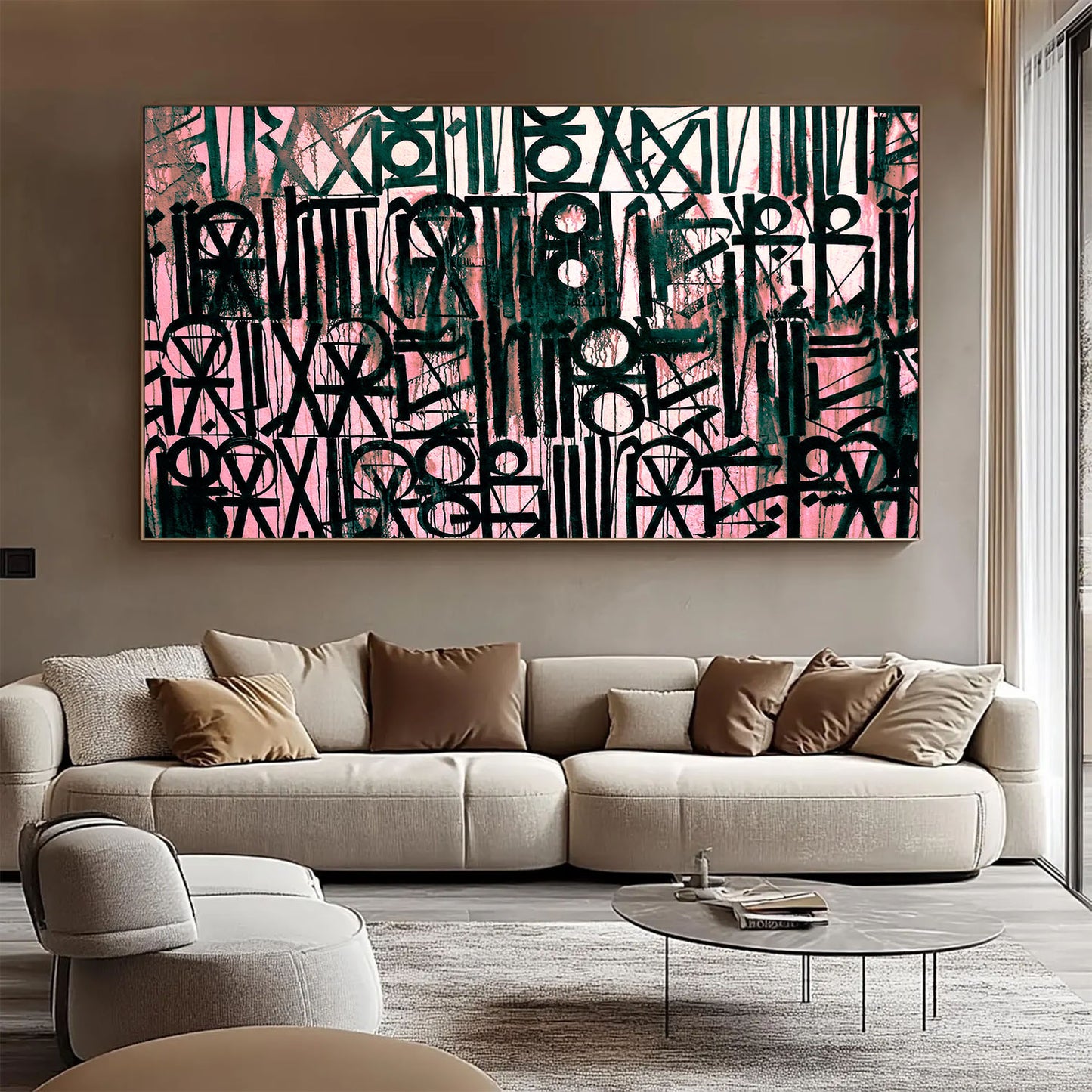 Abstract art painting on a wall above a beige sofa in a living room.