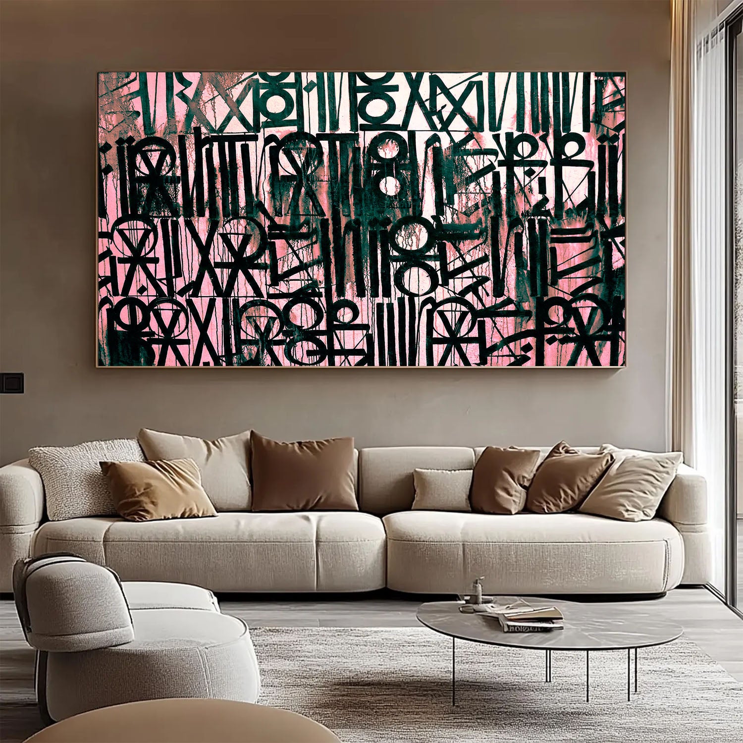 Abstract art painting on a wall above a beige sofa in a living room.