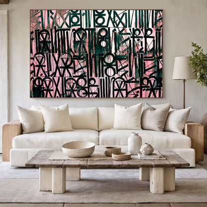 Modern living room with a white sofa, wooden coffee table, and abstract artwork on the wall.