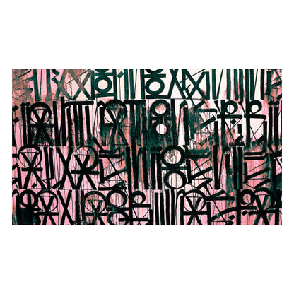 Abstract art with black and green patterns on a pink background