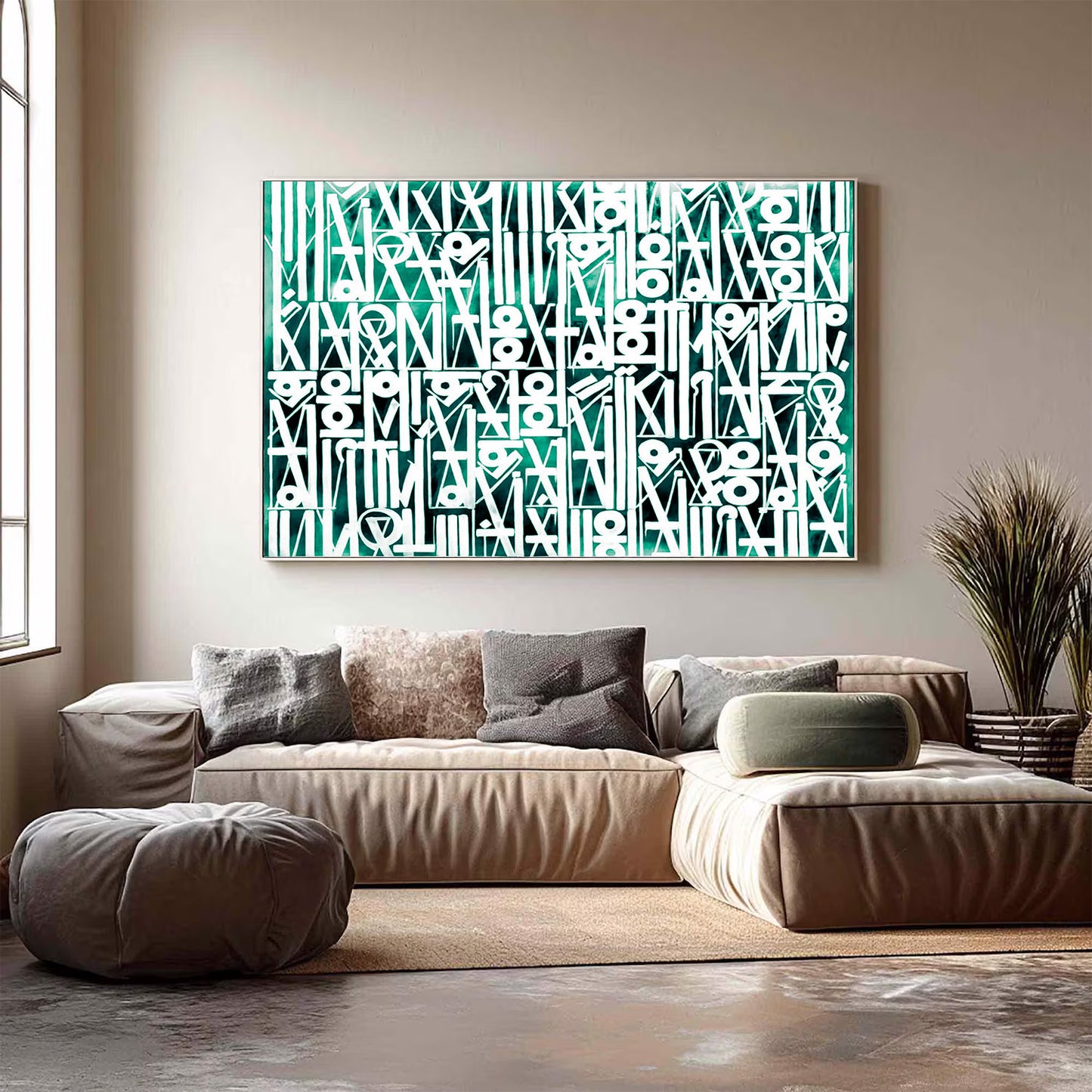 Large White Calligraphy Wall Art on Green Canvas