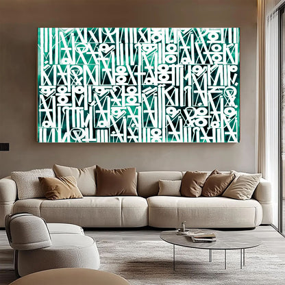 Large White Calligraphy Wall Art on Green Canvas