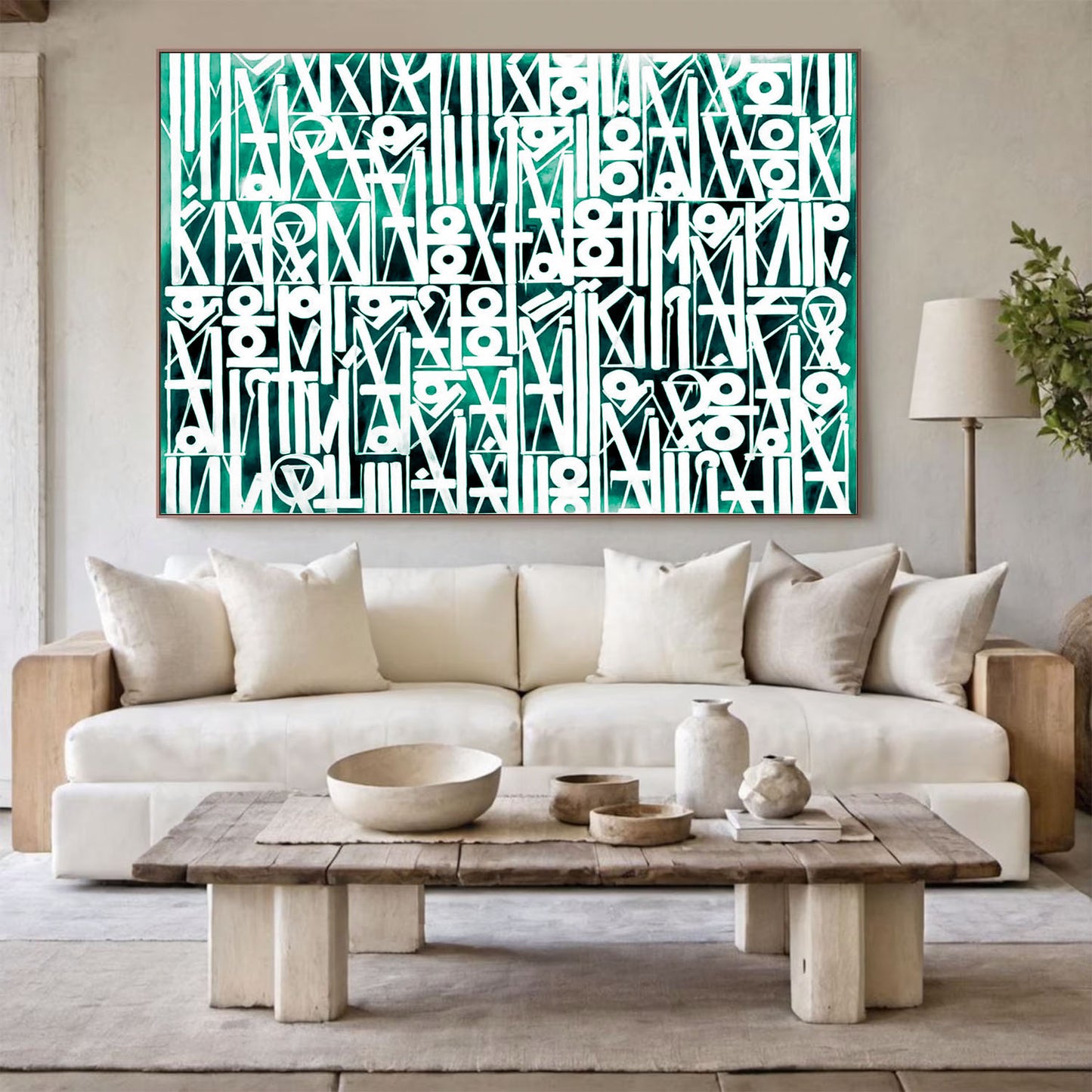 Large White Calligraphy Wall Art on Green Canvas
