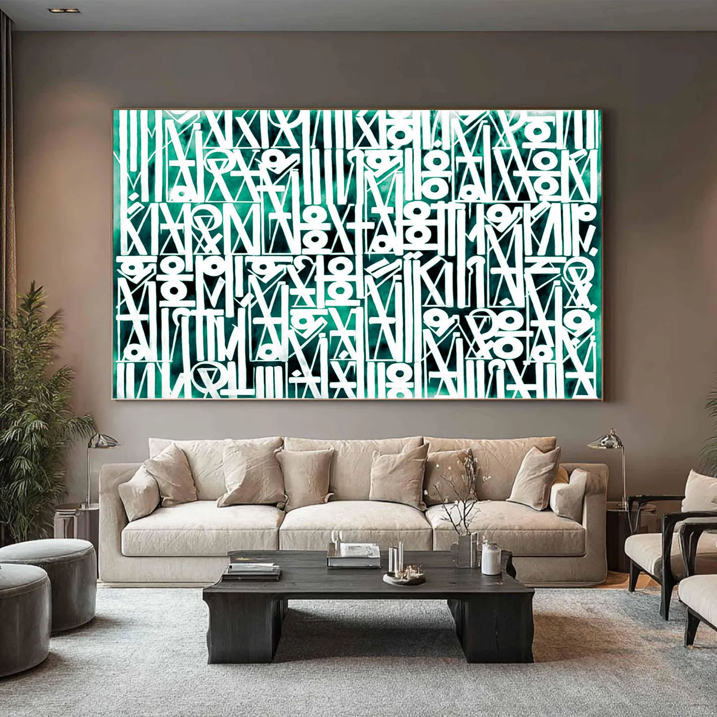 Large White Calligraphy Wall Art on Green Canvas