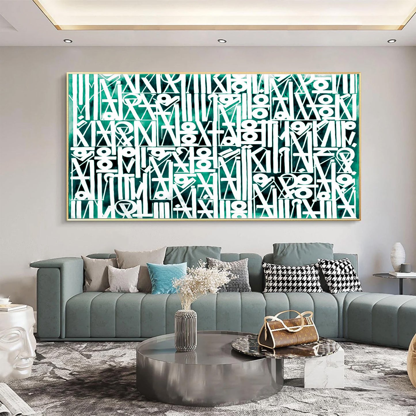Large White Calligraphy Wall Art on Green Canvas