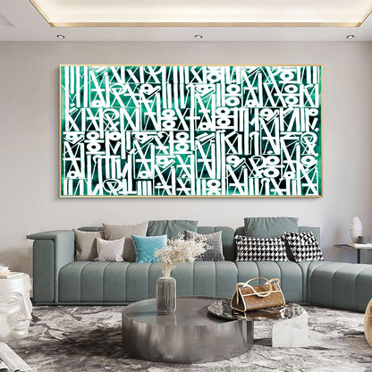 Large White Calligraphy Wall Art on Green Canvas
