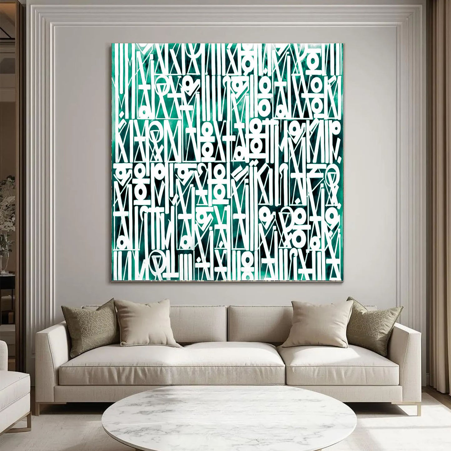 Large White Calligraphy Wall Art on Green Canvas
