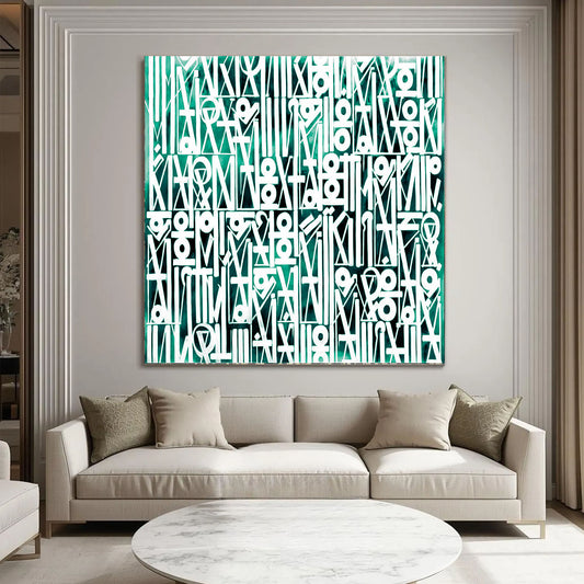Large White Calligraphy Wall Art on Green Canvas