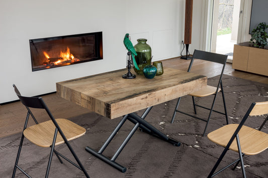 Altacom lift top table raised to dining height with chairs in modern living room