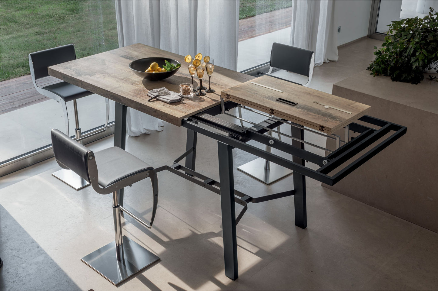 Altacom extendable console table open showing internal extension system and wood top