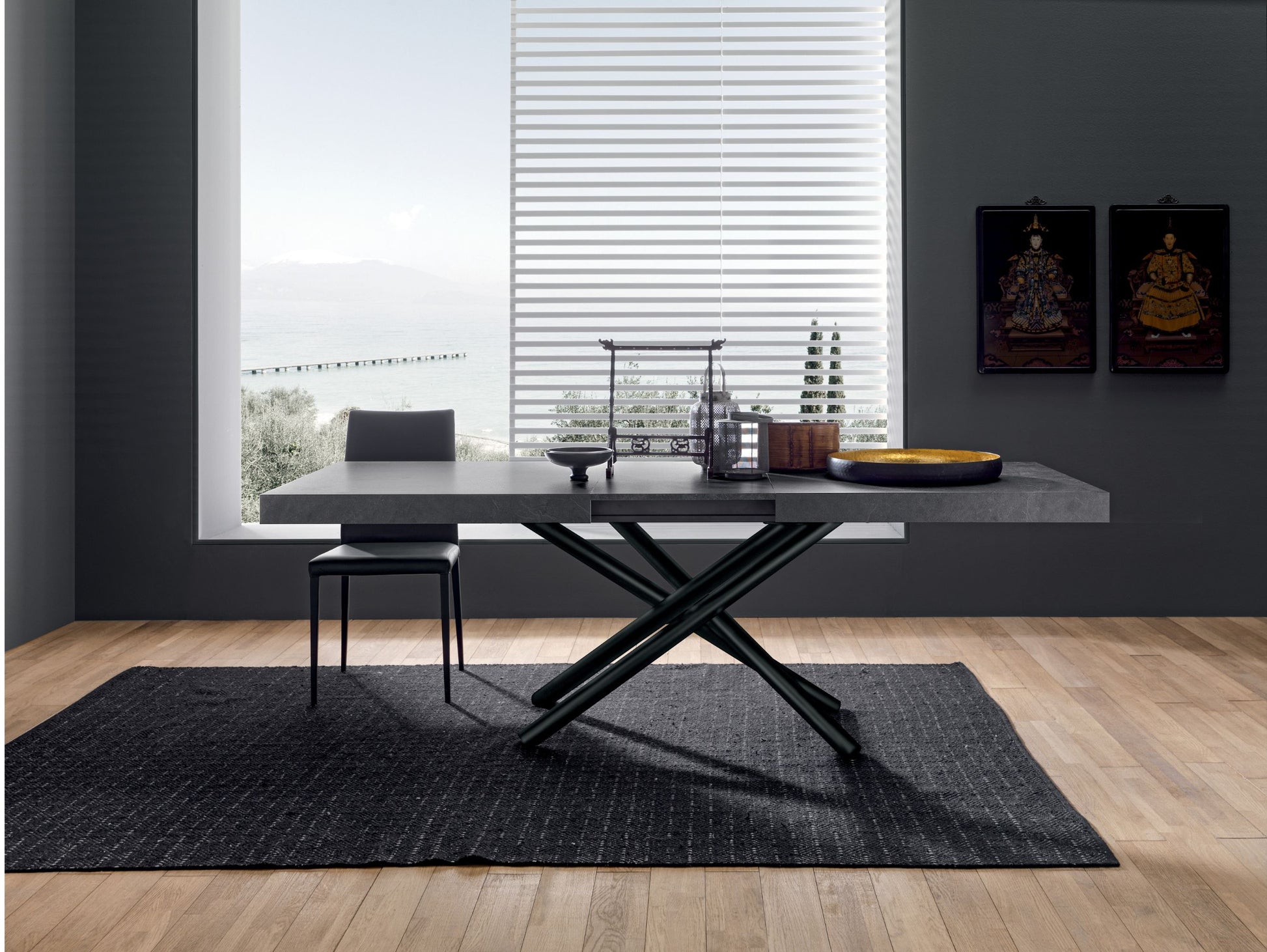 Altacom designer extendable dining table with ceramic top and crossed metal base