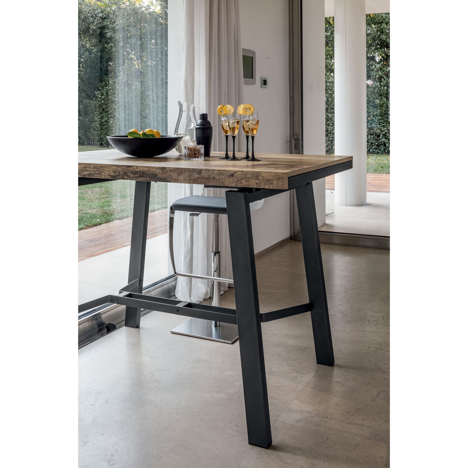 Altacom extendable console table with industrial metal legs and wood top detail