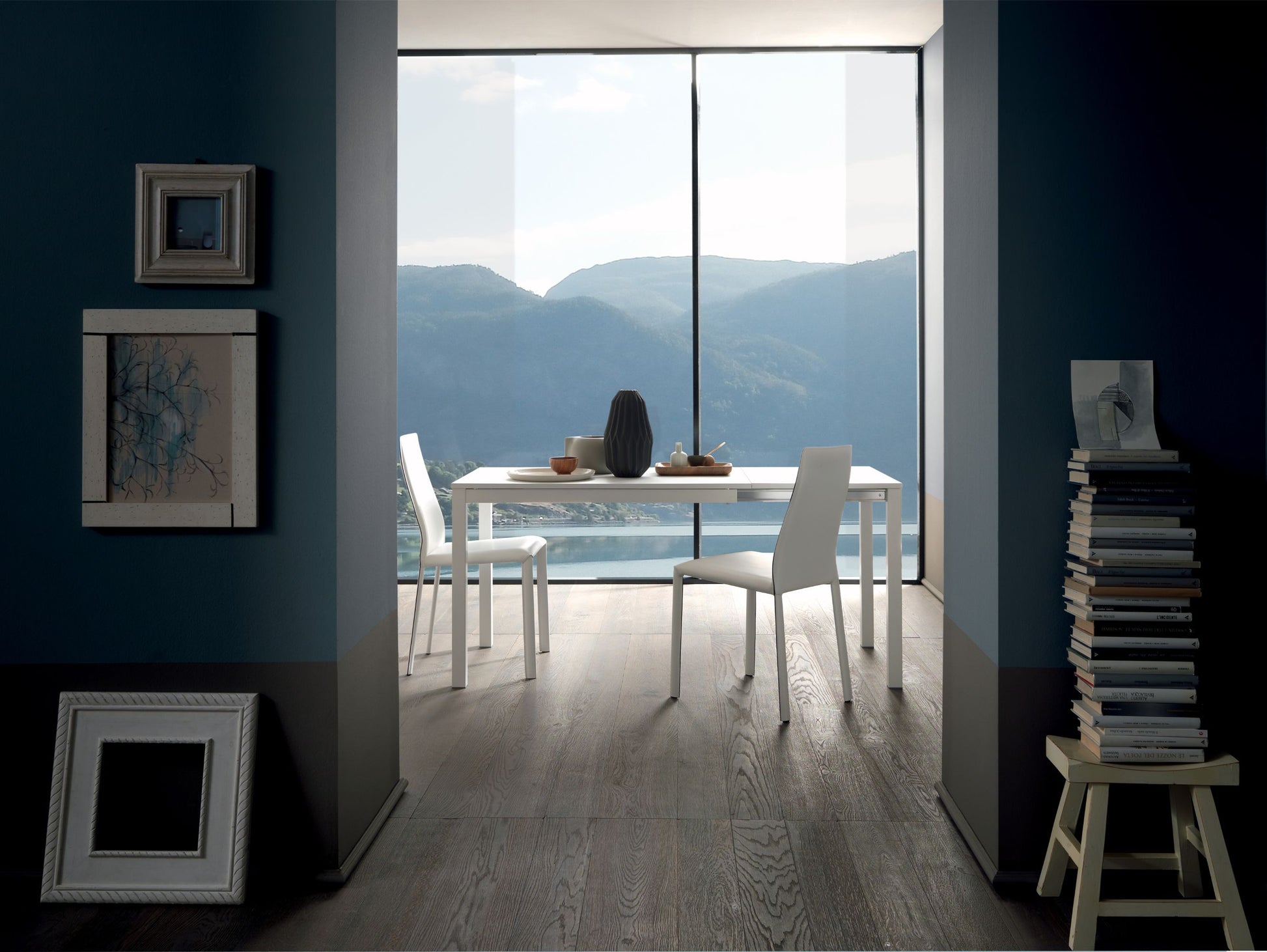 Altacom minimal white dining table in closed position with two chairs