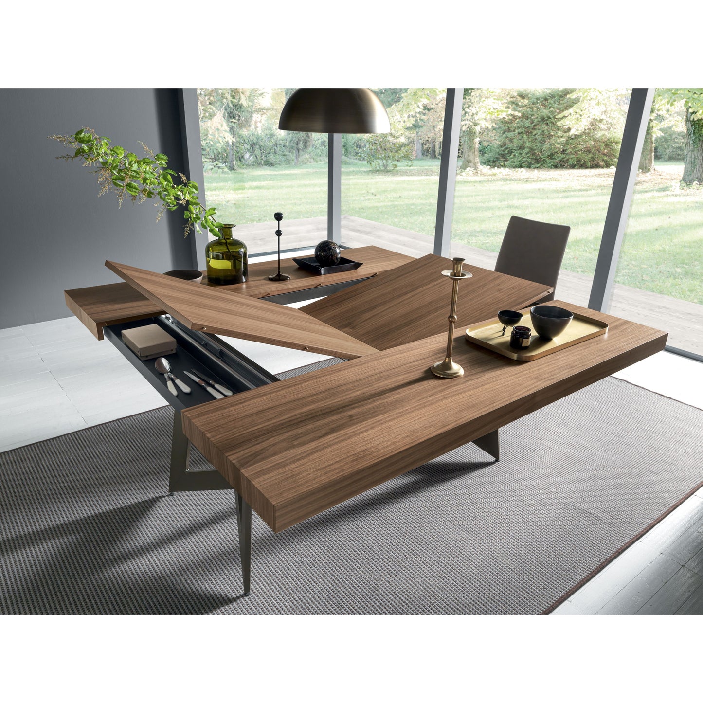 Altacom extendable dining table with hidden extension system and wood top partially open