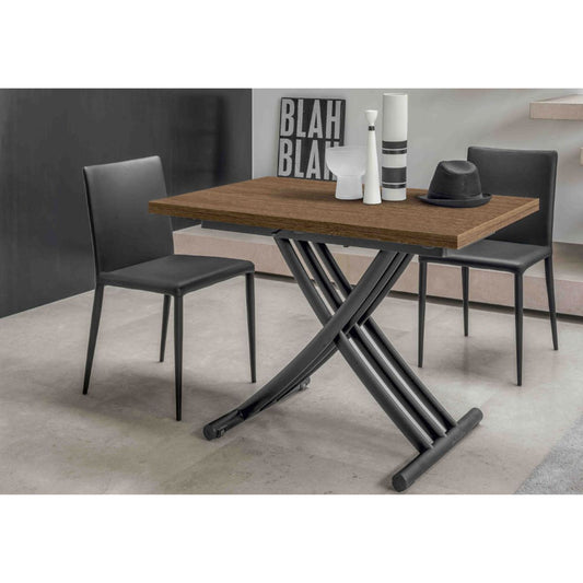 Altacom Fenice adjustable height coffee table showing mid-position with metal lifting mechanism