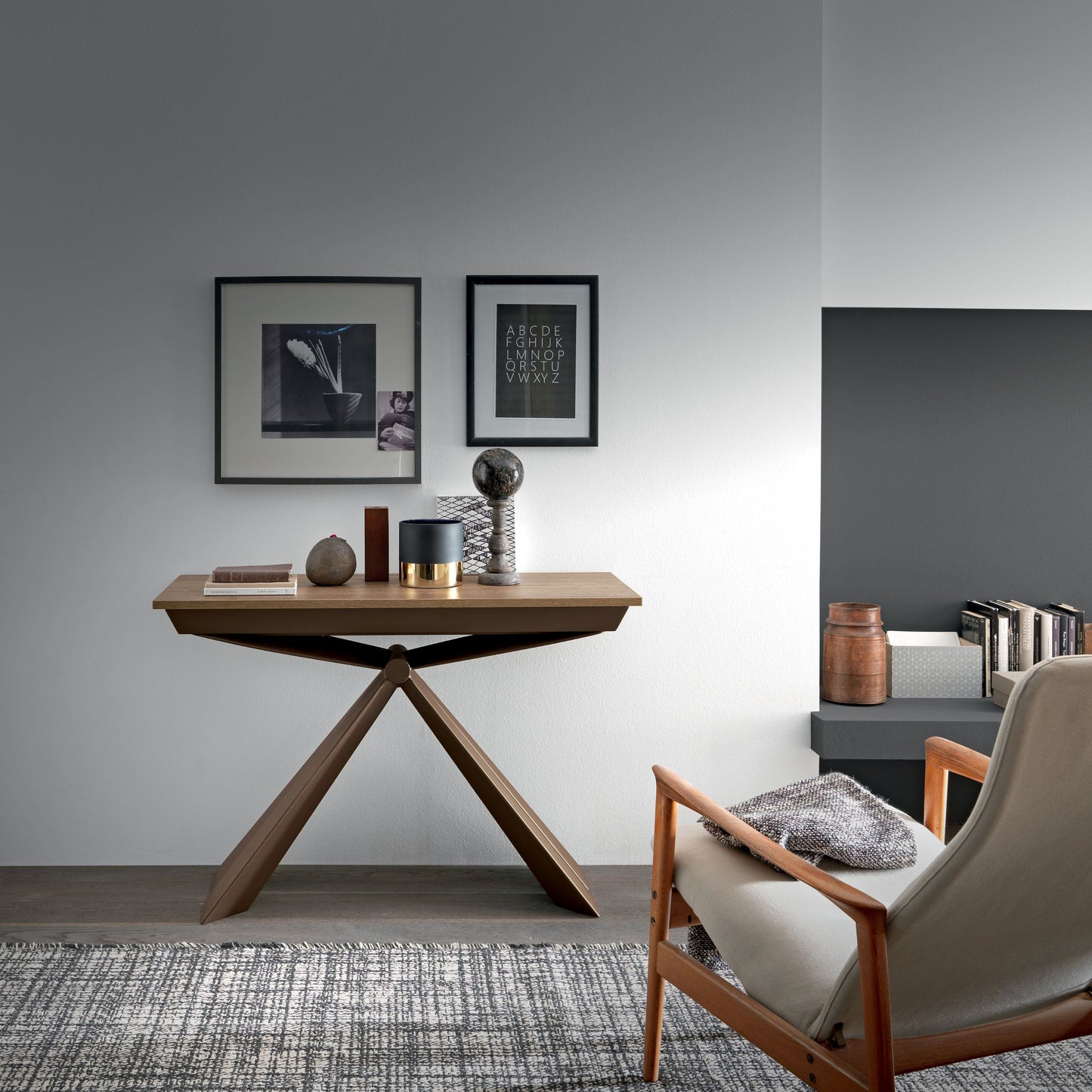 Altacom Genesi console table styled with decor and books in contemporary interior