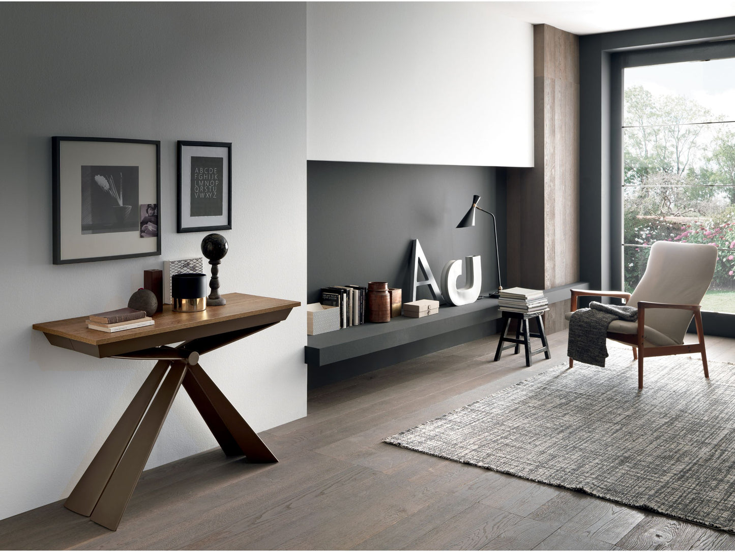 Altacom Genesi compact console table positioned against wall in modern living room