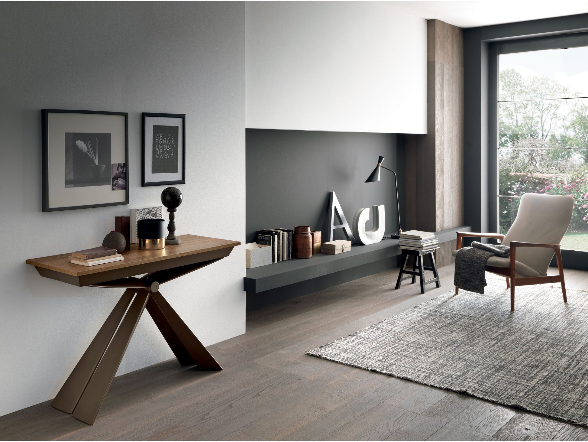 Altacom Genesi compact console table positioned against wall in modern living room