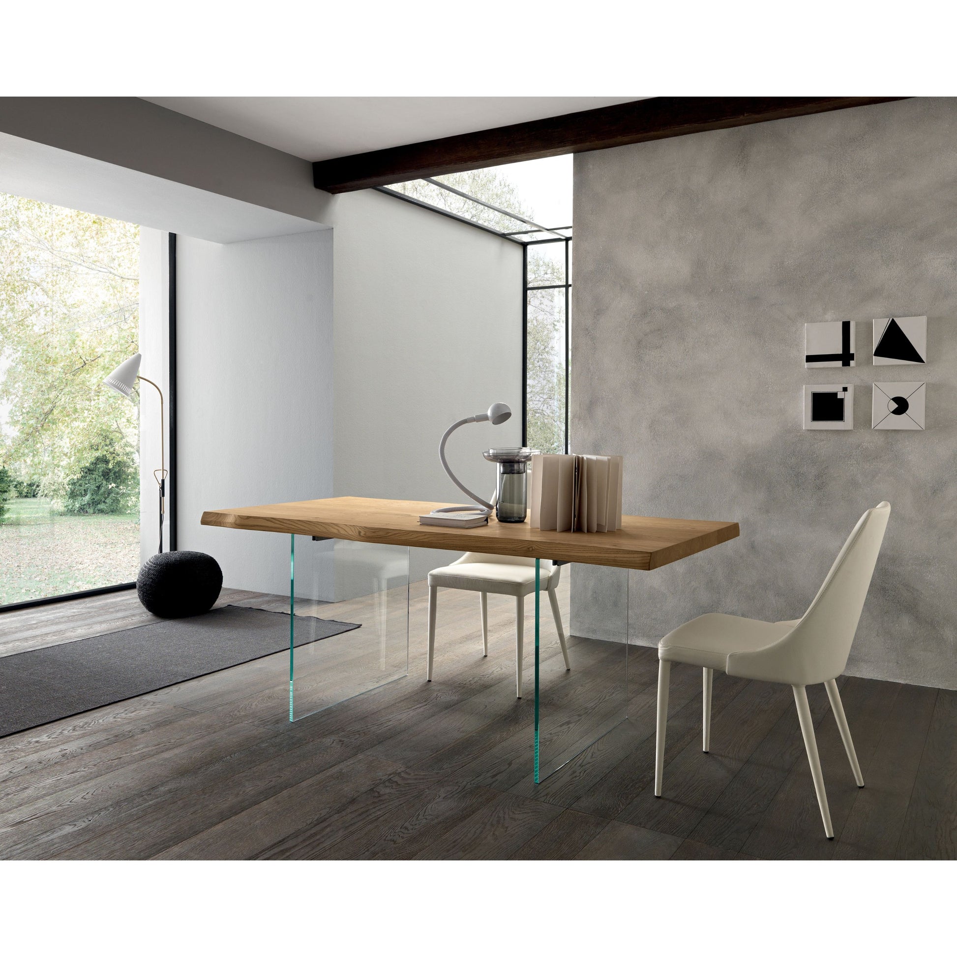 Altacom oak dining table with glass legs styled in modern minimalist room