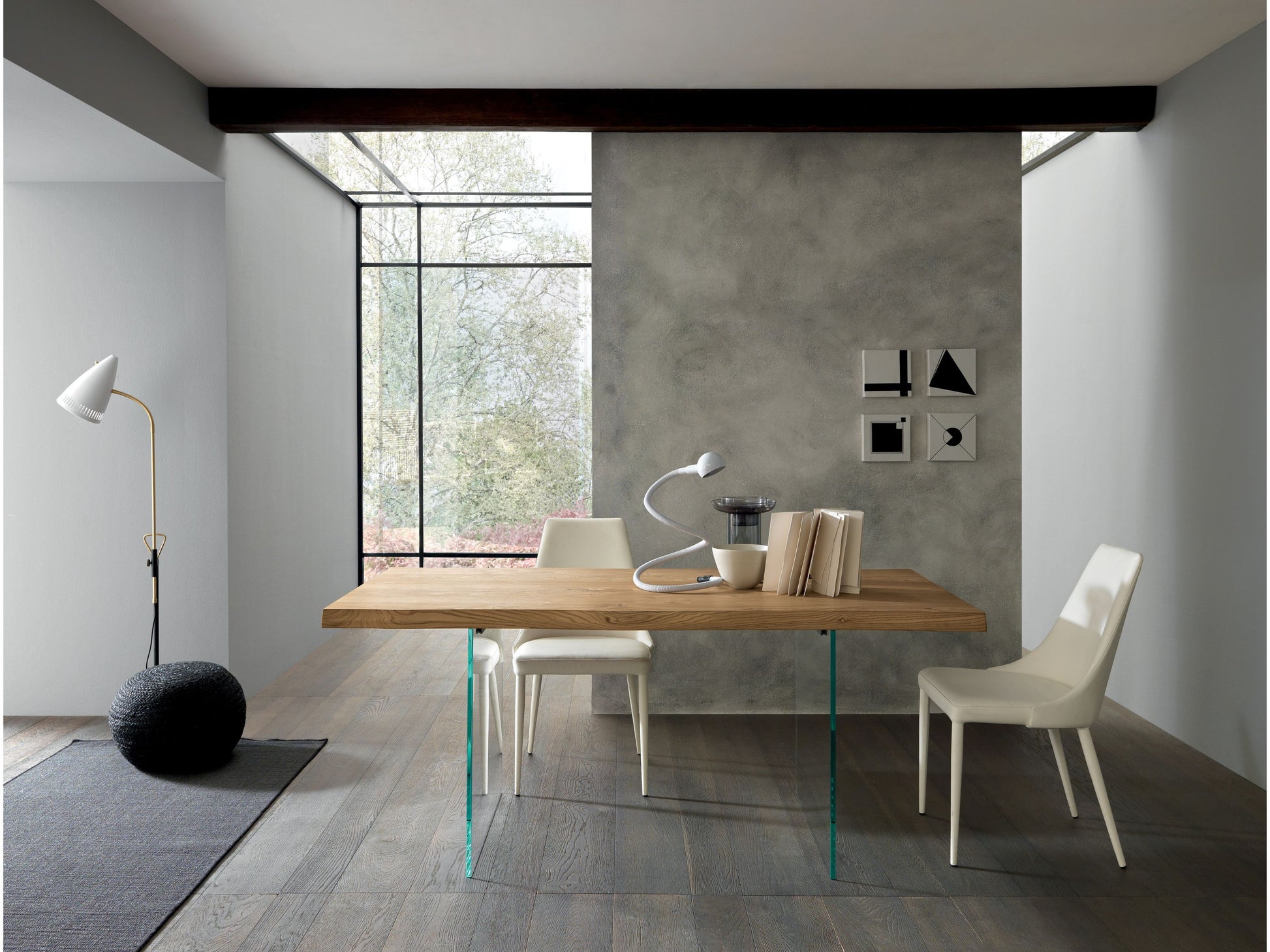 Altacom oak dining table with glass legs in modern minimalist interior
