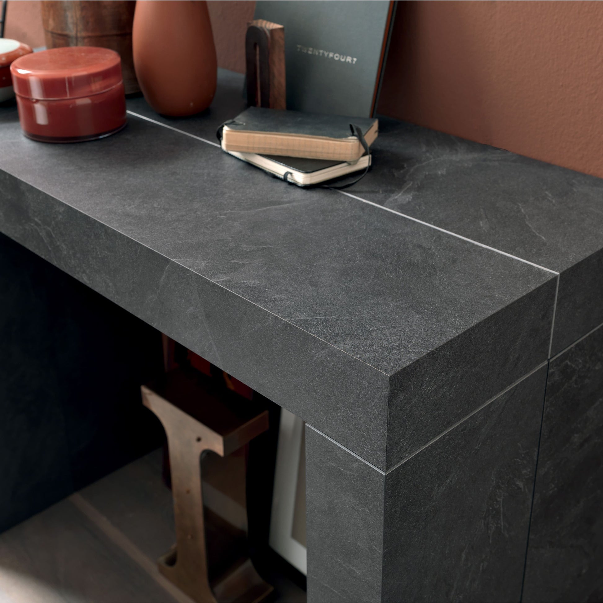 Altacom square extendable table detail showing grey ceramic marble effect surface
