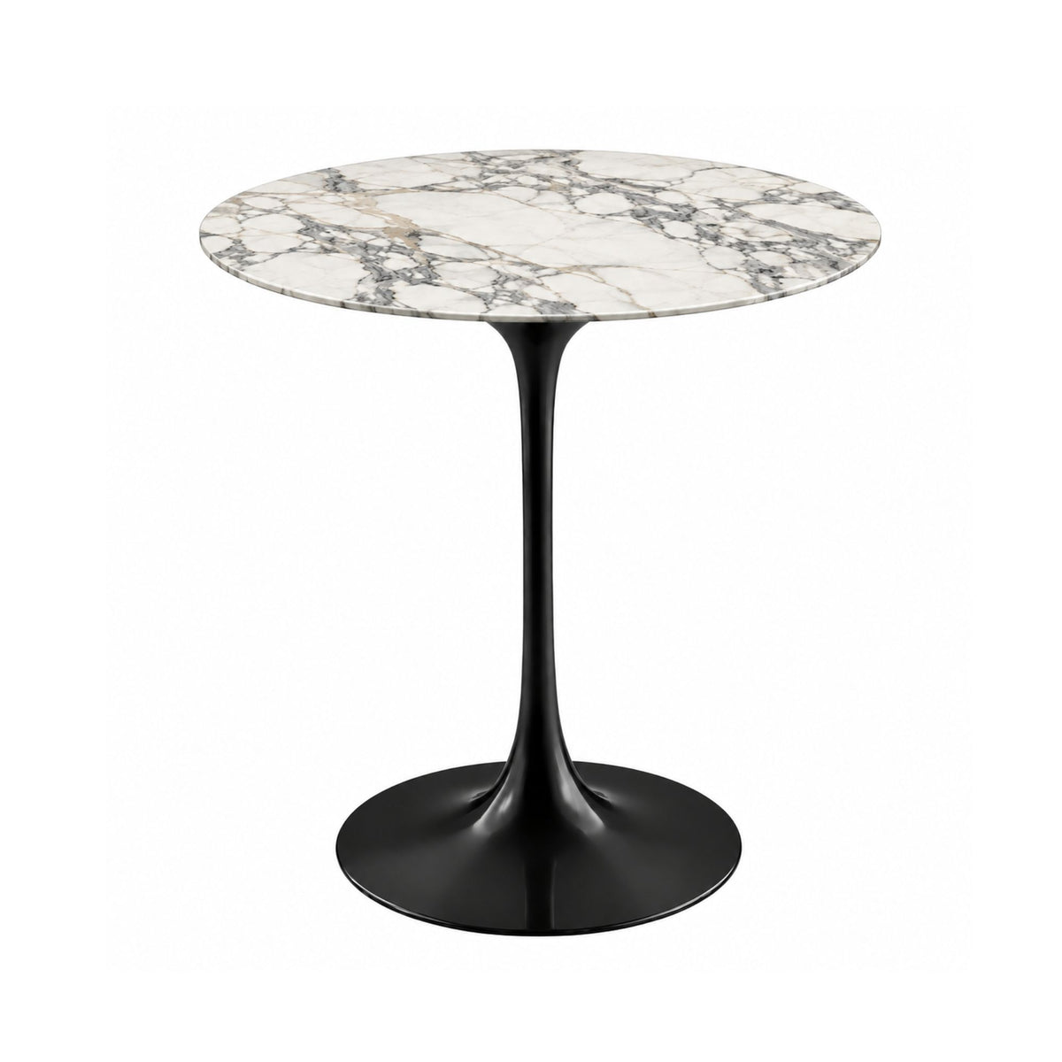 Arabesque Gold Tulip side table featuring a polished Arabescato marble tabletop with striking grey veining accented by warm gold highlights, paired with a sleek black tulip pedestal base. A luxury Italian designer side table for modern, contemporary, Scandinavian, and mid-century living room interiors.