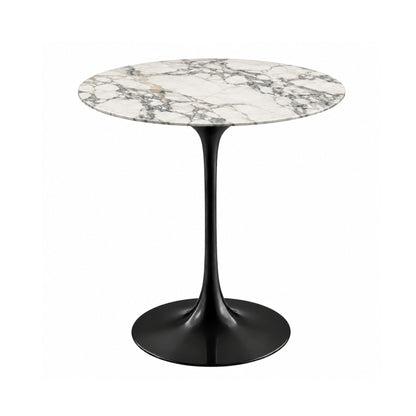 Arabesque Gold Tulip side table featuring a polished Arabescato marble tabletop with striking grey veining accented by warm gold highlights, paired with a sleek black tulip pedestal base. A luxury Italian designer side table for modern, contemporary, Scandinavian, and mid-century living room interiors.
