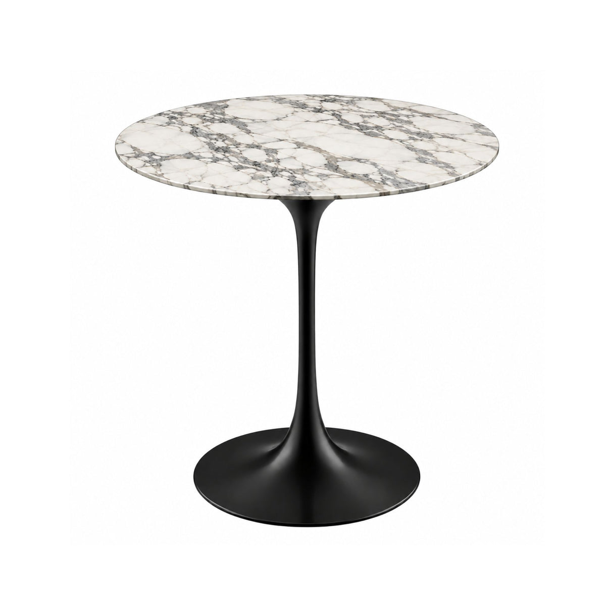 Arabesque Noir Tulip side table featuring a polished Arabescato marble tabletop with bold grey veining on a white background, paired with a sleek black tulip pedestal base. A luxury Italian designer side table for modern, contemporary, Scandinavian, and mid-century living room interiors.