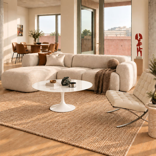 Arctic Gloss Tulip coffee table featuring a smooth glossy white liquid laminate tabletop paired with a matching glossy white tulip pedestal base. Styled in a contemporary living room with a curved cream sofa, designer lounge chair, woven rug, and warm natural daylight. A luxury Italian designer coffee table for modern, Scandinavian, and mid-century interiors.