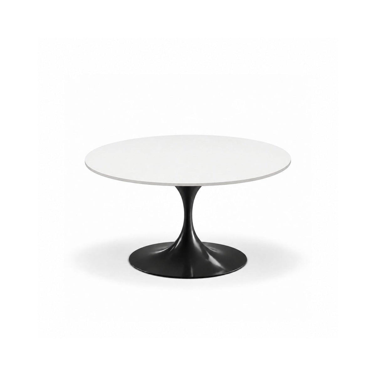 Arctic Halo Tulip coffee table featuring a smooth white stone tabletop with a glossy black tulip pedestal base, offering a striking monochrome design for modern, Scandinavian, contemporary, and mid-century living room interiors.