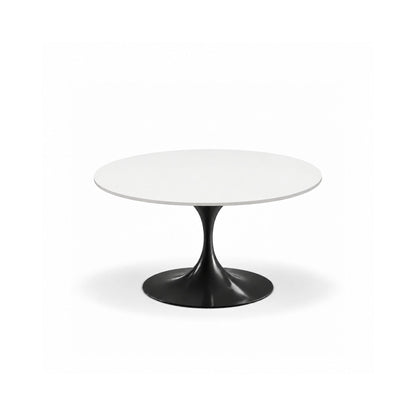 Arctic Halo Tulip coffee table featuring a smooth white stone tabletop with a glossy black tulip pedestal base, offering a striking monochrome design for modern, Scandinavian, contemporary, and mid-century living room interiors.