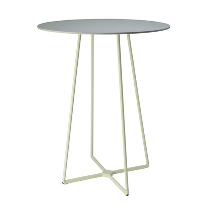 Front view of the S•CAB Atomo Bistro Table Base with a round tabletop and contemporary geometric metal base.
