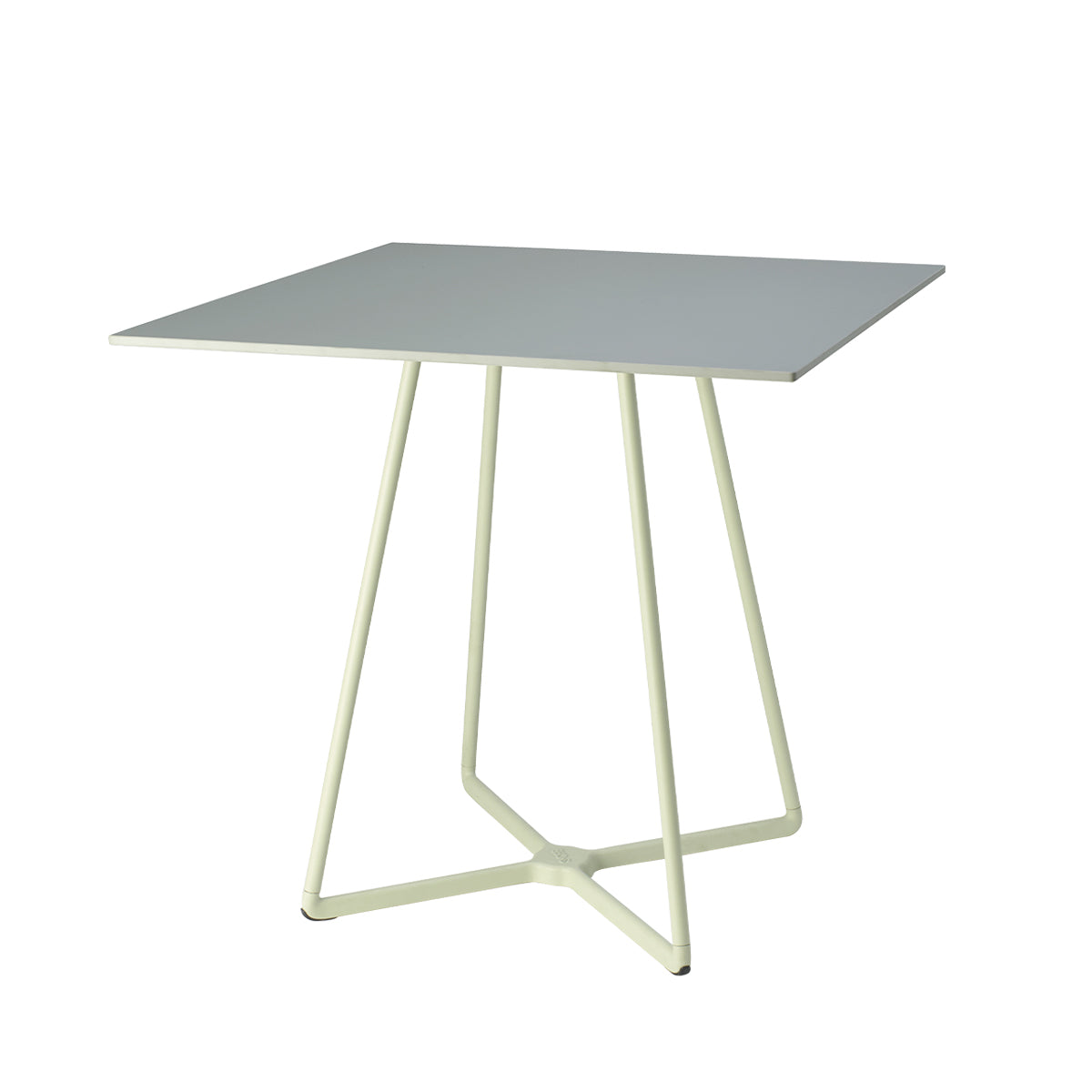 Front angled view of the S•CAB Atomo Bistro Table Base with a square tabletop, four-leg central base, and contemporary minimalist design.